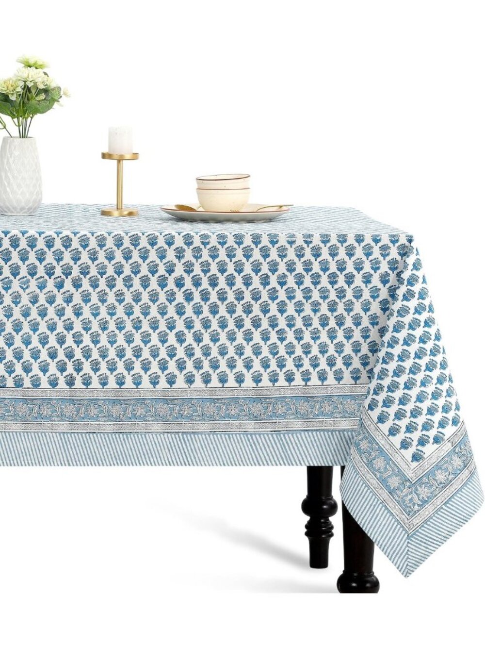 Blue Apatite Block Print 100% Cotton Rectangle Tablecloth 60x120 Inch - Elegant